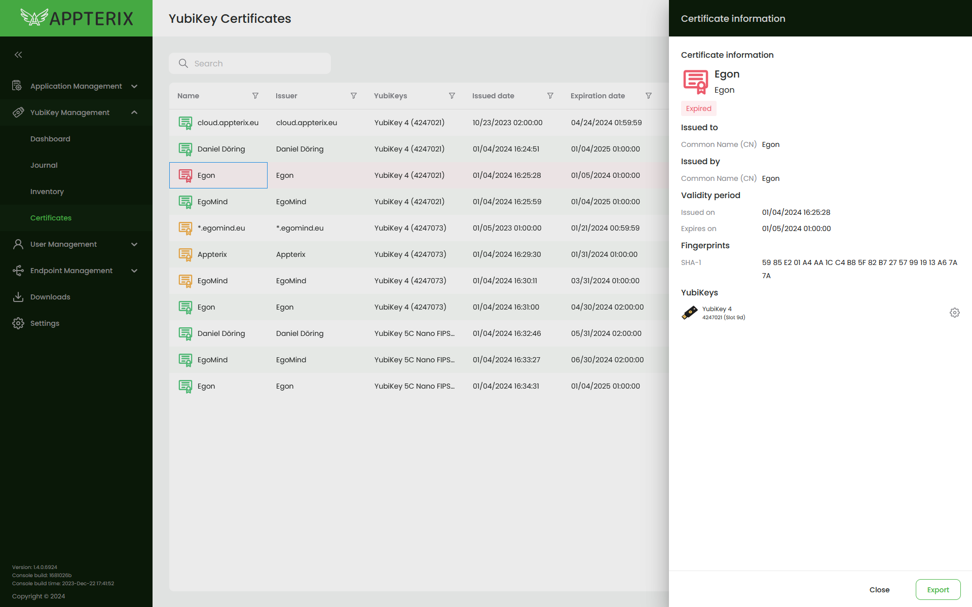 Appterix - YubiKey Management - Zertifikatsverwaltung - Details