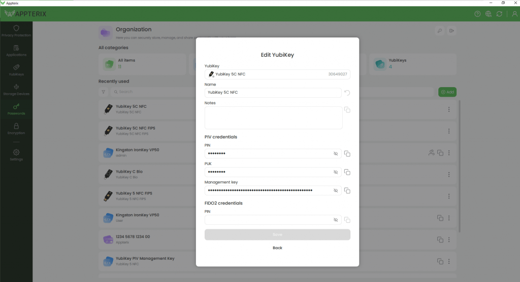 Appterix Password Manager YubiKey PIN PUK Management Key